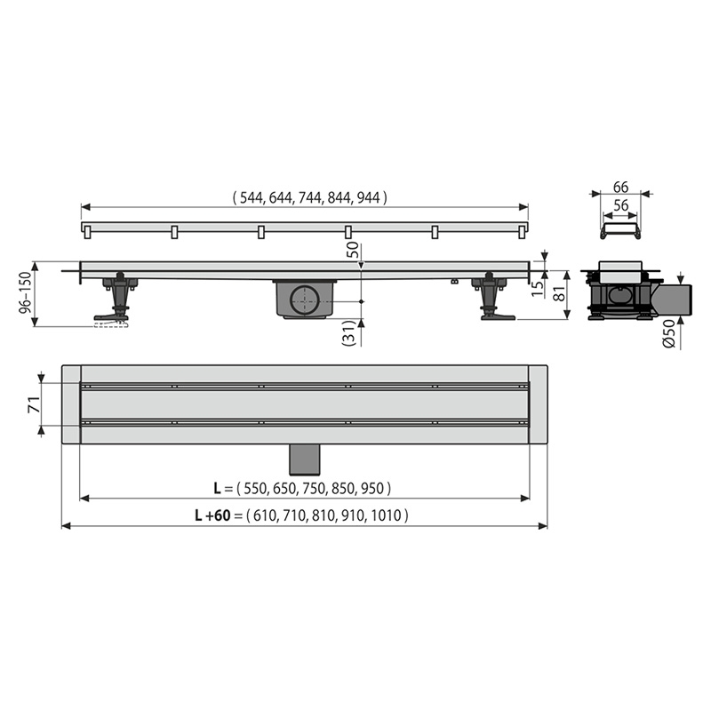 Set rigola de dus cu capac faiantabil, AlcaPlast, APZ13-DOUBLE9 FIT AND GO, 55 cm - imagine 3