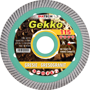 Disc diamantat pentru taiat gresie, gresogranit, Gekko, 115, Diatech